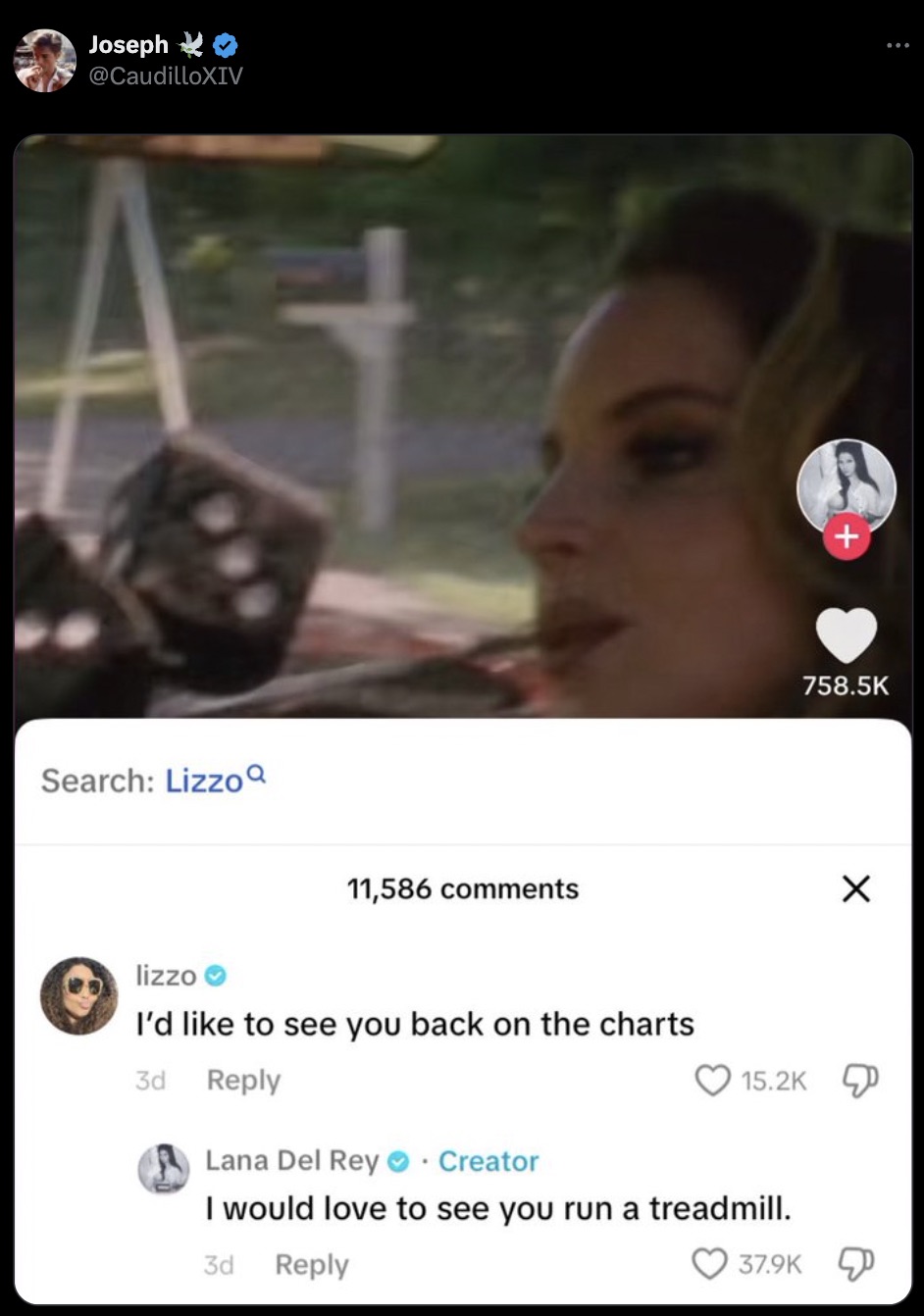 screenshot - Joseph Search Lizzo lizzo 11,586 I'd to see you back on the charts 3d Lana Del Rey Creator I would love to see you run a treadmill. 3d